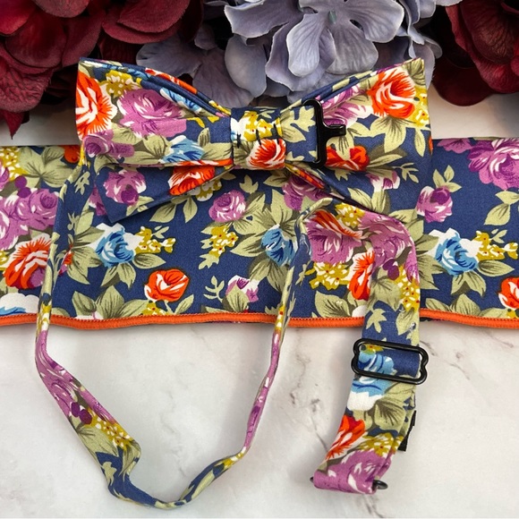 Blue Floral Butterfly Bow Tie and Pocket Square - Picture 11 of 16